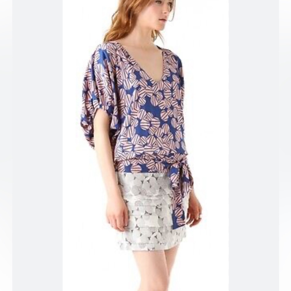 Diane Von Furstenberg Navy and Blush Geometric Wrap-Front Top